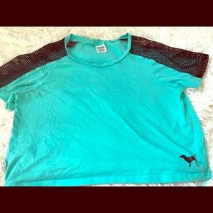 Teal and black crop top; see through shoulder part